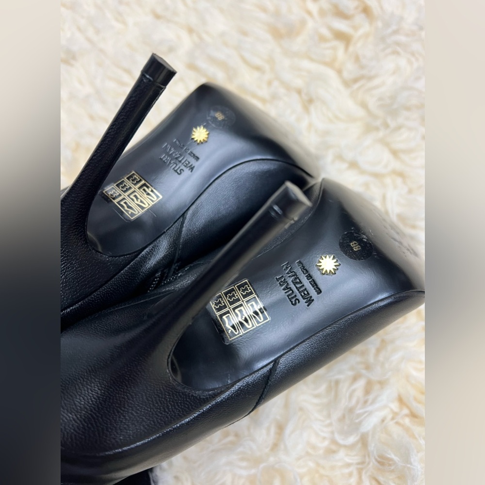 Stuart Weitzman Black Leather Over-the-Knee Pointed Toe Stiletto Boots - Picture 9 of 14